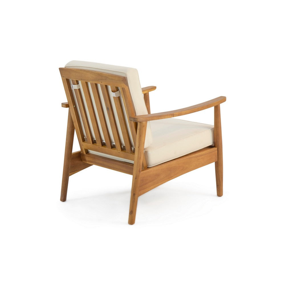 Accent Club Chair, Ivory Fabric Cushions, Brown Acacia Wood Frame