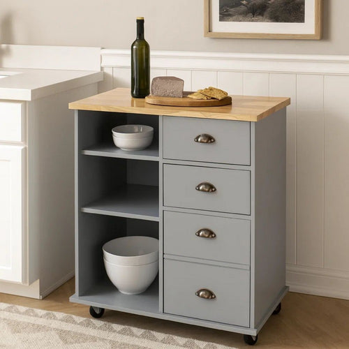 Rolling Kitchen Island Bar Cart, Drawers Shelves, Wheels, Brown, Gray