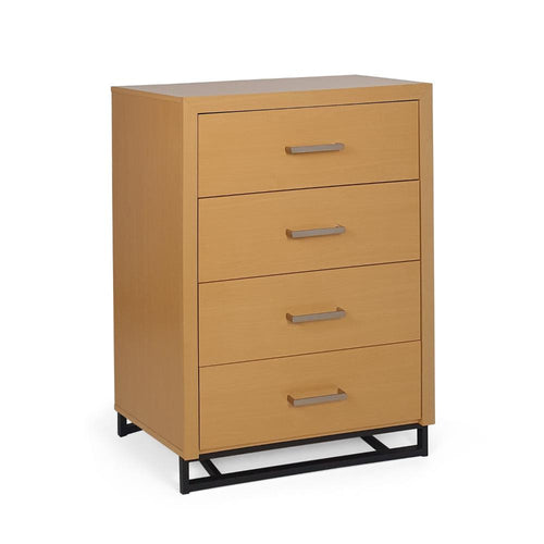 Flin Tall Dresser Chest, 4 Drawers, Maple Brown Wood, Black Iron Base