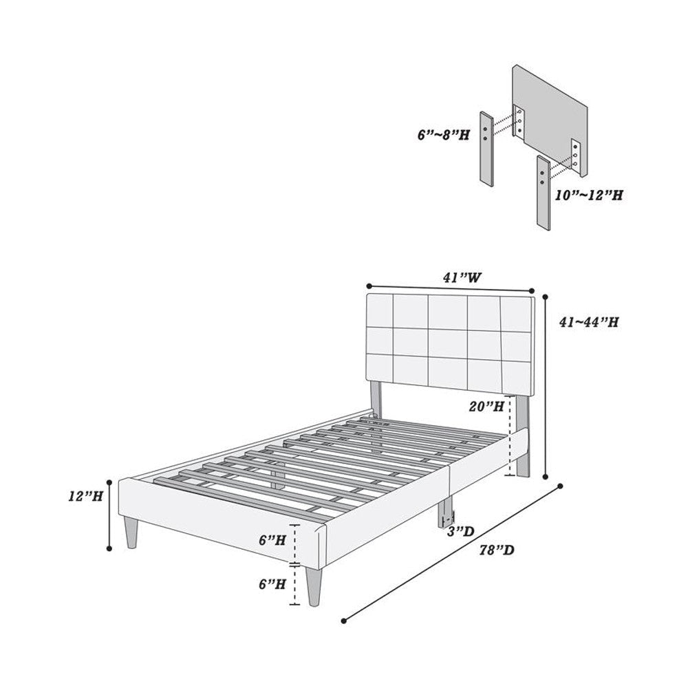 Lilian Twin Bed Soft Biscuit Tufted Charcoal Gray Linen Upholstery
