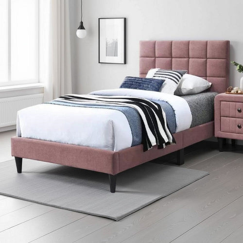 Lilian Twin Bed, Tufted Pink Linen Upholstery, Biscuit Tufted Stitch