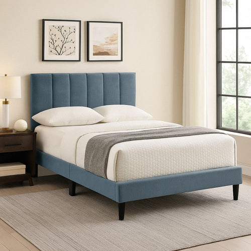 Lilian Full Bed, Soft Channel Tufted Light Gray Linen Upholstery