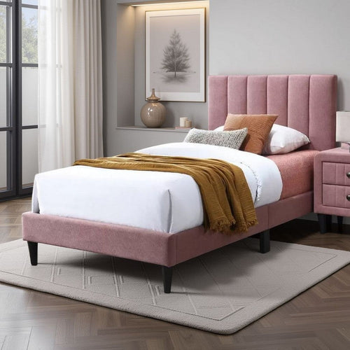 Lilian Twin Size Bed, Blush Pink Linen Upholstery, Channel Tufted