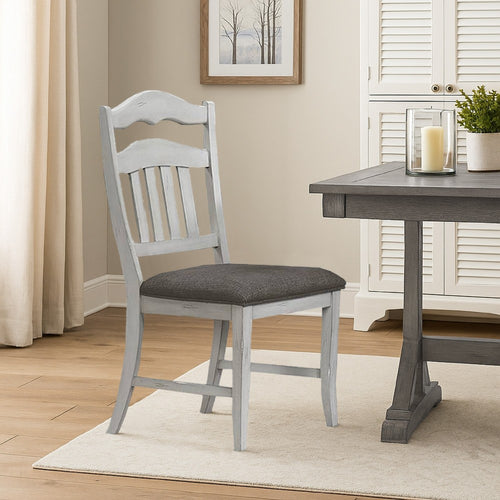 Zeke Dining Chairs, Set of 2, Ladder Back, Classic White Wood, Gray Fabric