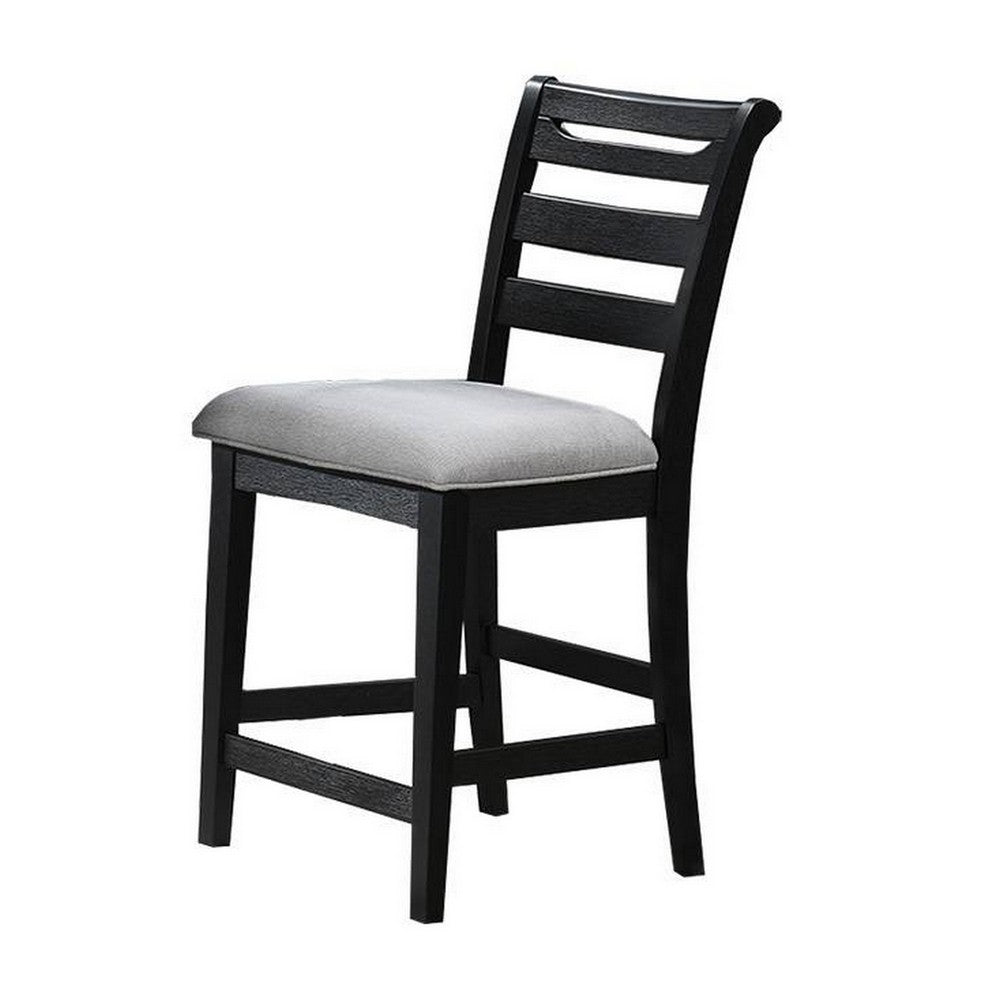 Remus Counter Height Chairs, Set of 2, Ladder Back, Black Embossed Wood, Gray Fabric