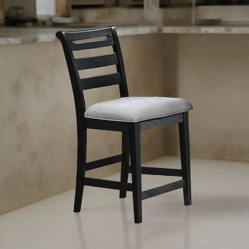 Remus Counter Height Chairs, Set of 2, Ladder Back, Black Embossed Wood, Gray Fabric