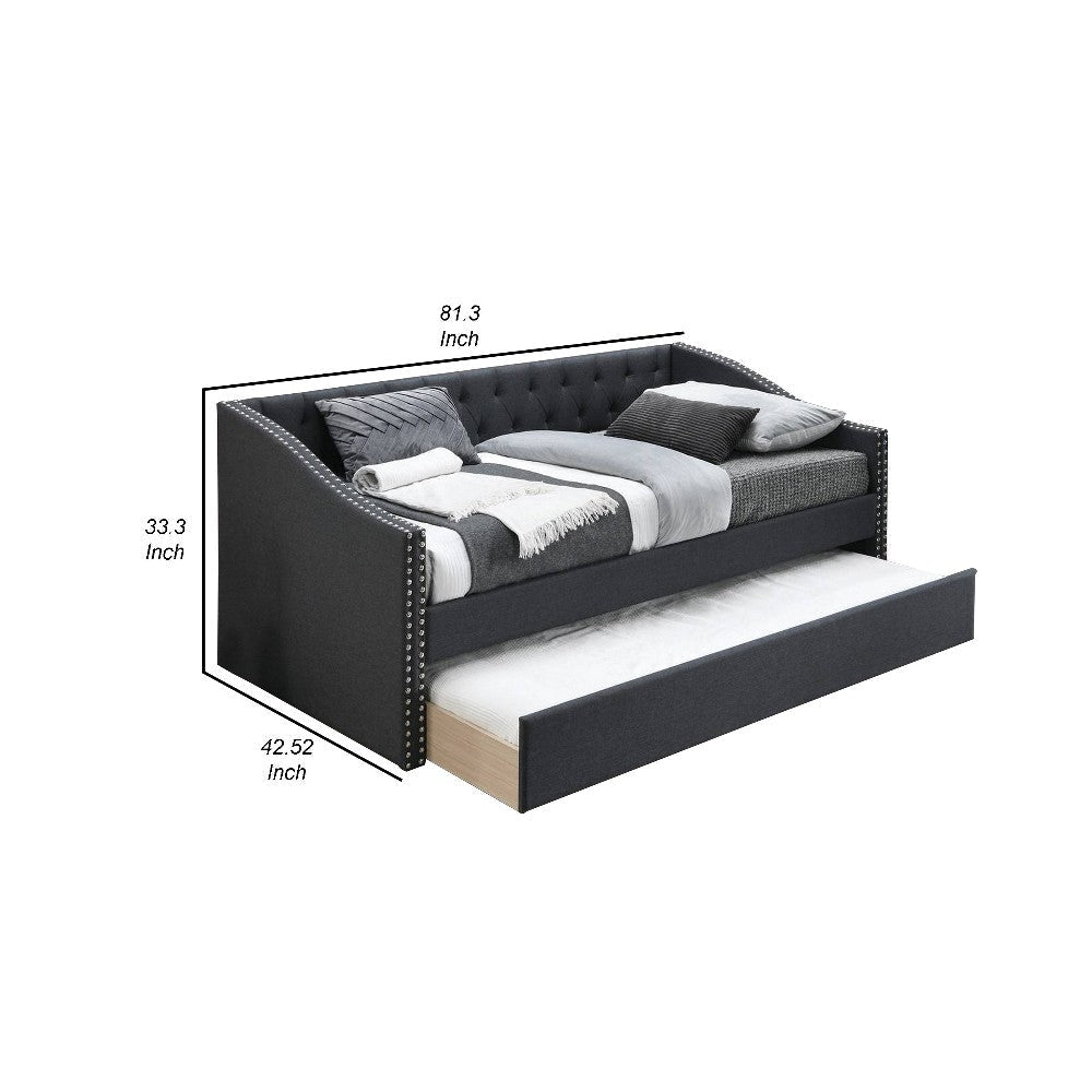 Daybed Sofa w Slats n Trundle Bed Nailhead Trim Charcoal Gray Fabric BM326155