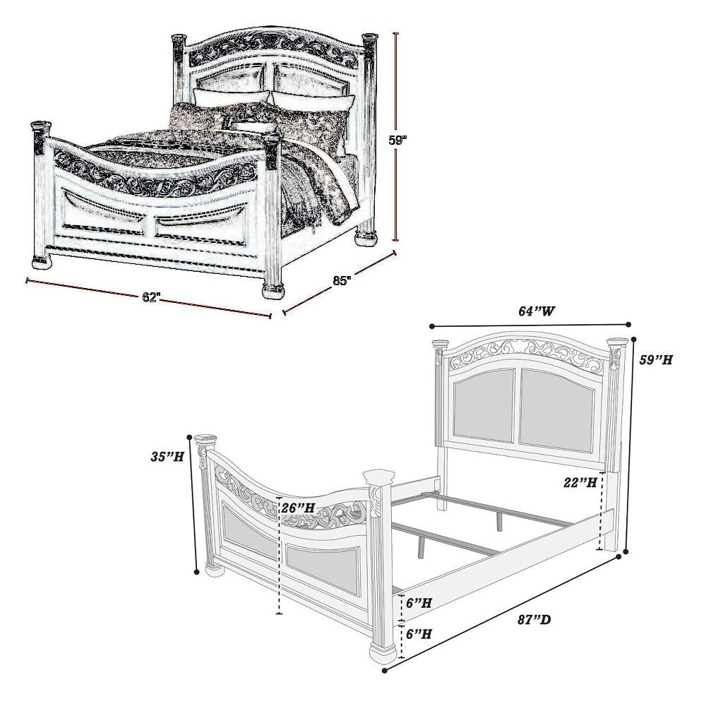 Meo Queen Size Bed Padded Carved Dark Brown Faux Leather Upholstered