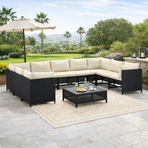 Reno 9pc Outdoor Modular Corner Sofa Set, Ivory Cushions, Black Rattan
