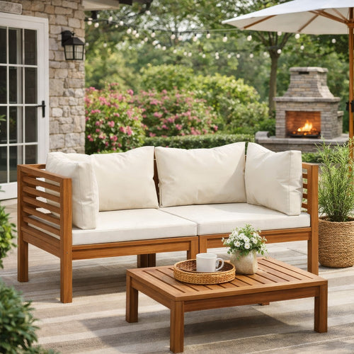 Luna 2pc Modular Outdoor Sofa, Cream 27" Slatted Solid Acacia Wood