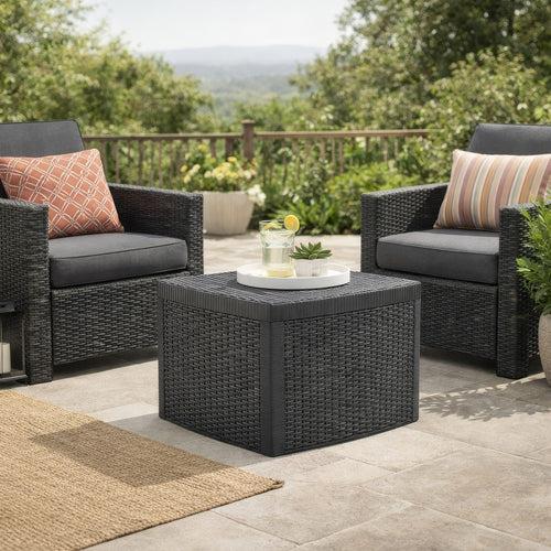 Outdoor Side End Table, 21" Square Rattan Design, Anthracite Gray