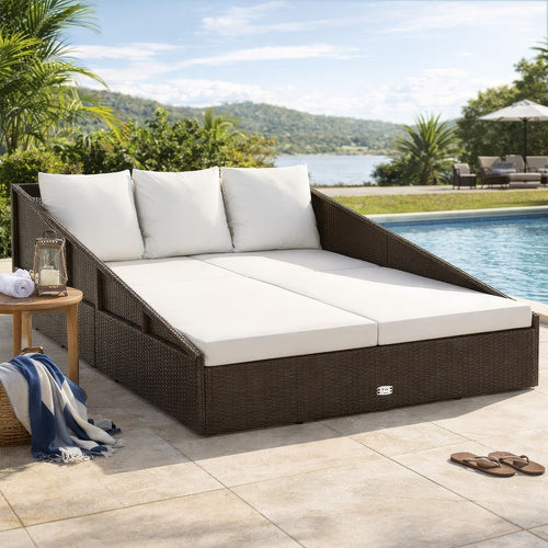 Garden Outdoor Daybed, White Polyester Cushions, Brown Poly Rattan