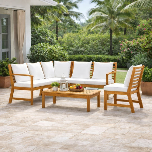 Roma 5pc Modular Outdoor Sofa and Table Set, Solid Acacia Wood, White