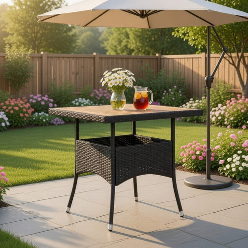 Outdoor Dining Table, 31" Square Acacia Wood Top, Black Rattan Base