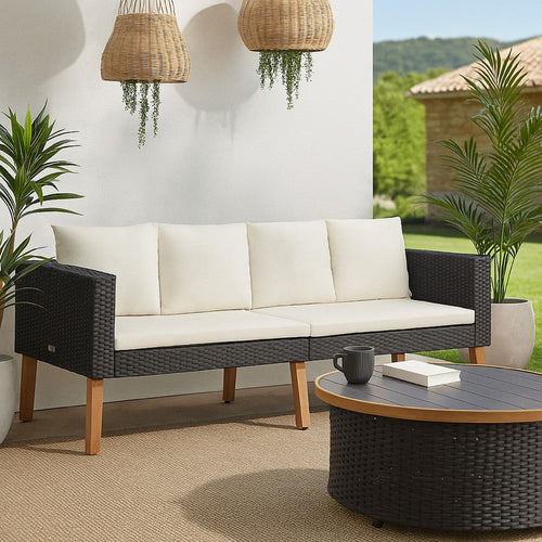Joy Outdoor 2 Seater Sofa | White Cushion | Black Poly Rattan | 65"