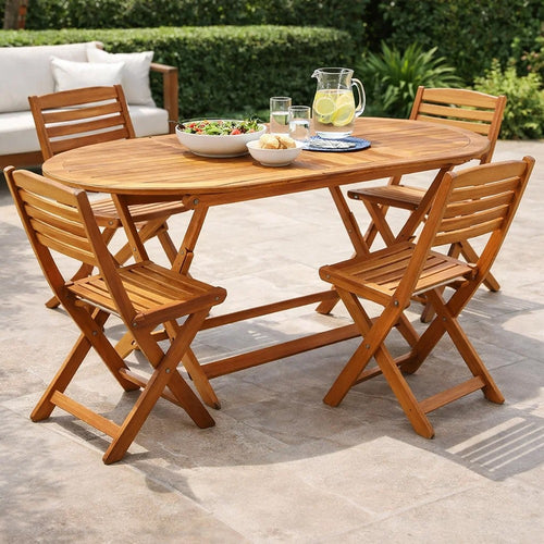 Nila Folding Outdoor Dining Table | 63" Slatted Oval Brown Wood Top