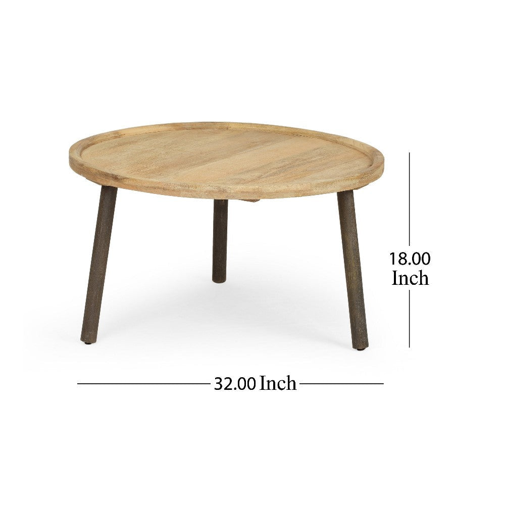 Coffee Table 32’’ Round Traylike Top Black Natural Brown Mango Wood BM326472