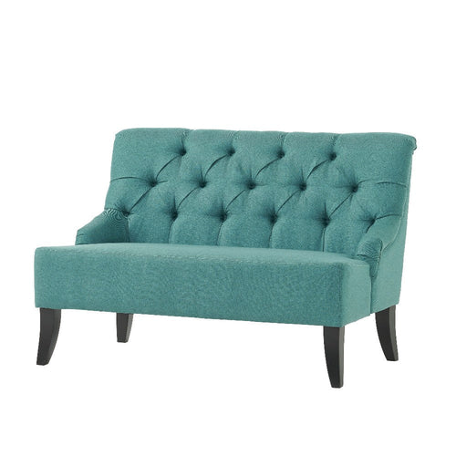 Ohio Loveseat Settee, 44" Button Tufted Aqua Green, Solid Birch Wood