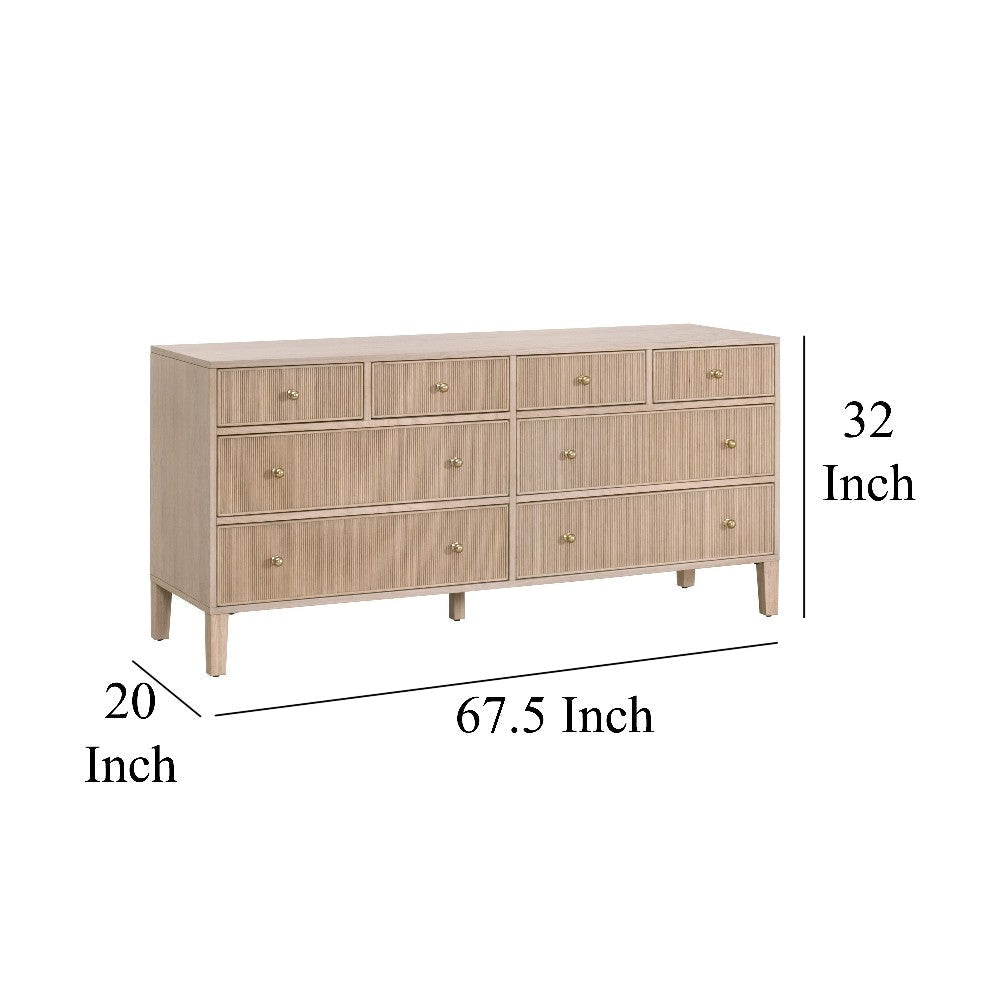 Wide Dresser 8 Drawers Light Brown Solid Wood Brass Knobs 20x68x32 BM326484