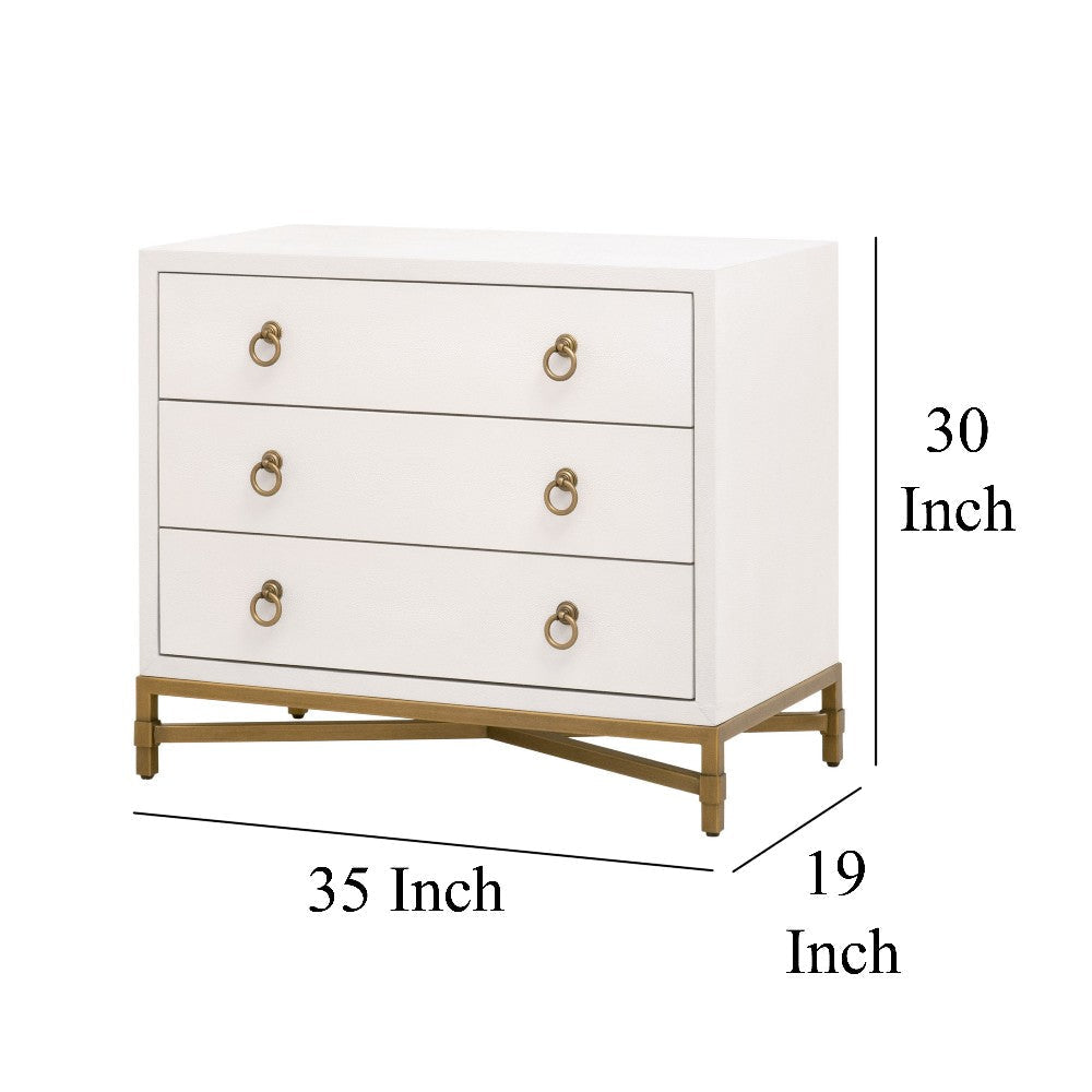 Vem Nightstand 3 Drawers Modern White Shagreen Brushed Gold Metal BM326496