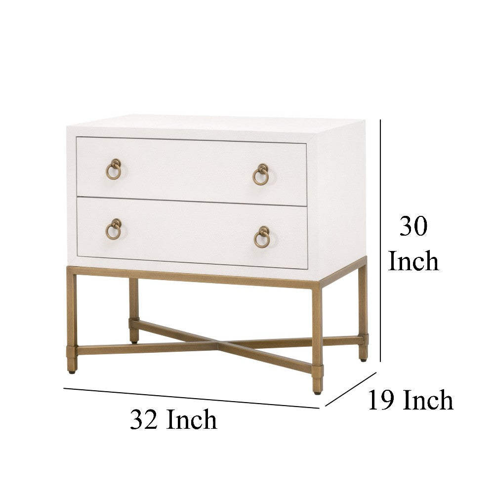 Vem Nightstand 2 Drawers Modern White Shagreen Brushed Gold Metal BM326497