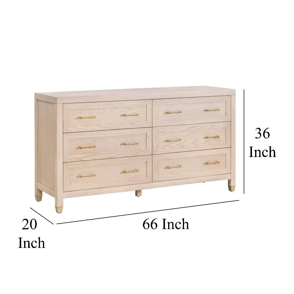 Jae Dresser 6 Drawers Light Oak Brown Solid Wood Brushed Brass BM326502