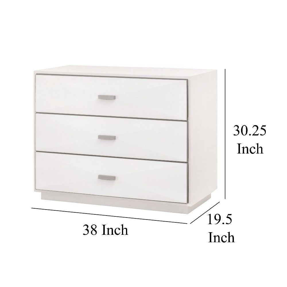 Theo Nightstand 3 Drawers Modern White Shagreen Solid Wood Silver BM326506