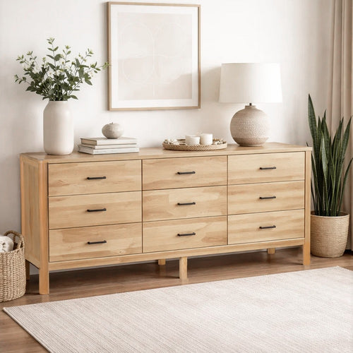 Geti 84 Inch Wide Dresser, 9 Spacious Drawers, Handcrafted Natural Oak White Mango Wood