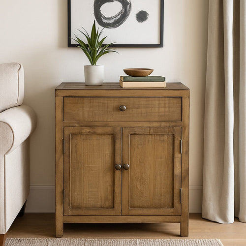 Lia Small Accent Cabinet, 2 Door, Drawer, Antique Style Natural Wood