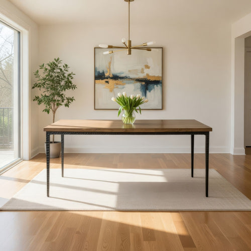 Lemy Dining Table, 72" Rectangular Brown Top, Black Metal Accent Legs