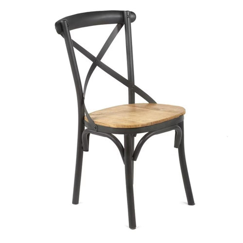 Vaya Dining Side Chair Set of 2, Rustic Cross Back, Black Iron Frame
