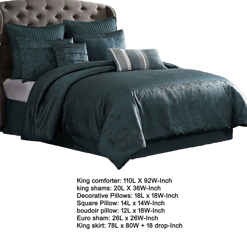 Beny 10pc King Size Comforter Set | Dark Turquoise Blue Woven Jacquard