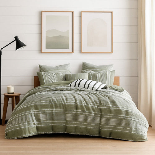 Meo 5pc Queen Comforter Set | Green Textured Woven Jacquard Stripe