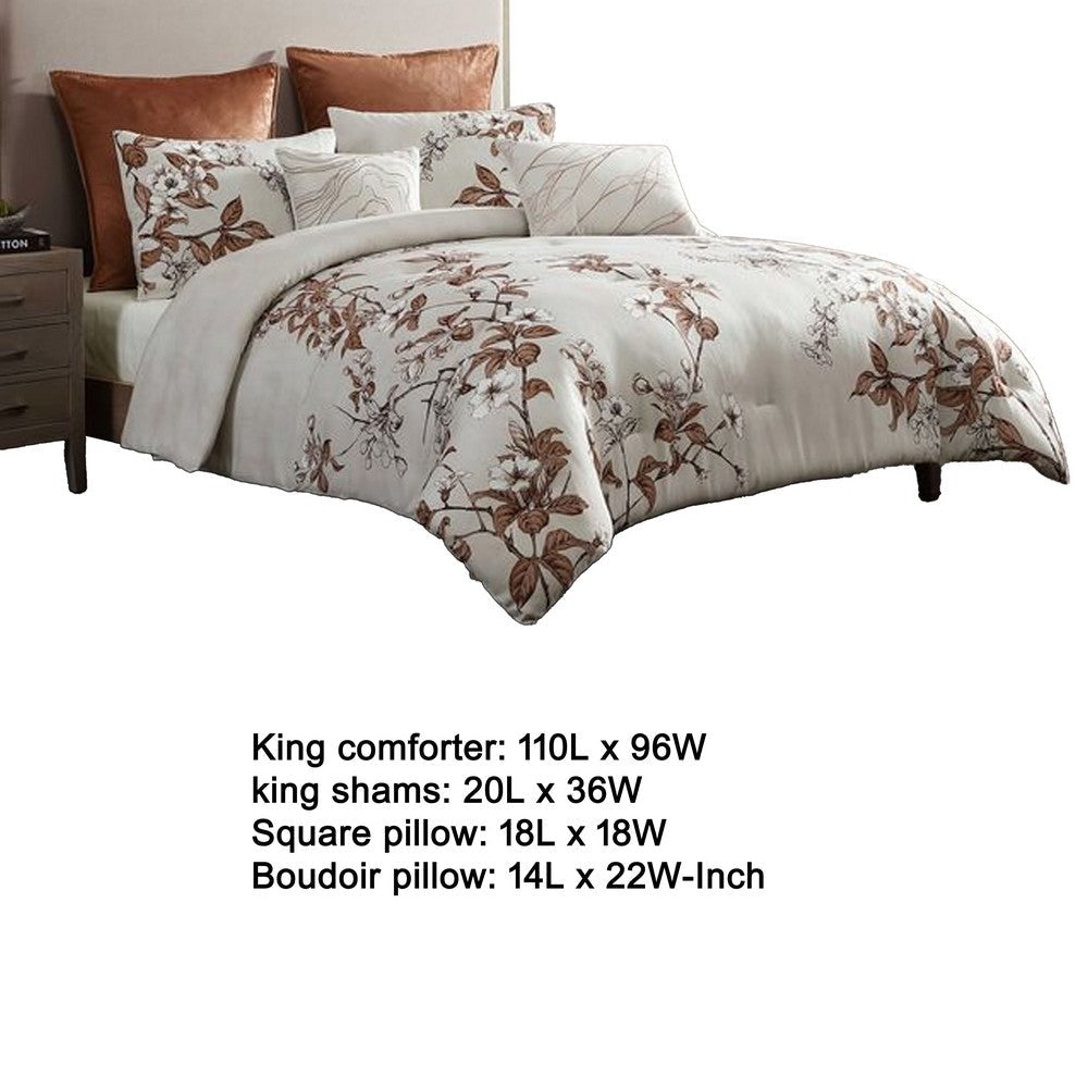 Jenya 5pc King Size Comforter Set with Shams | Floral Embroidery White