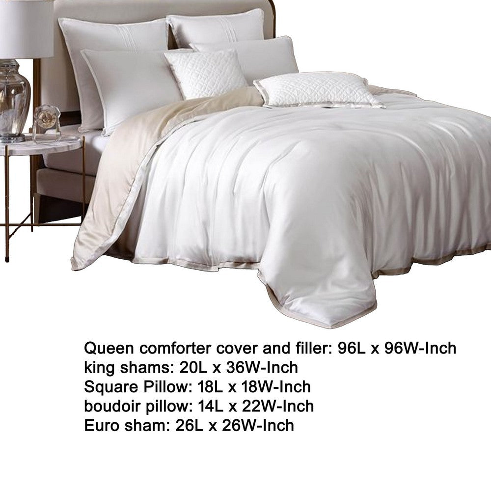 Keo 8pc Queen Comforter Set | Reversible | Shams | Silky Ivory White