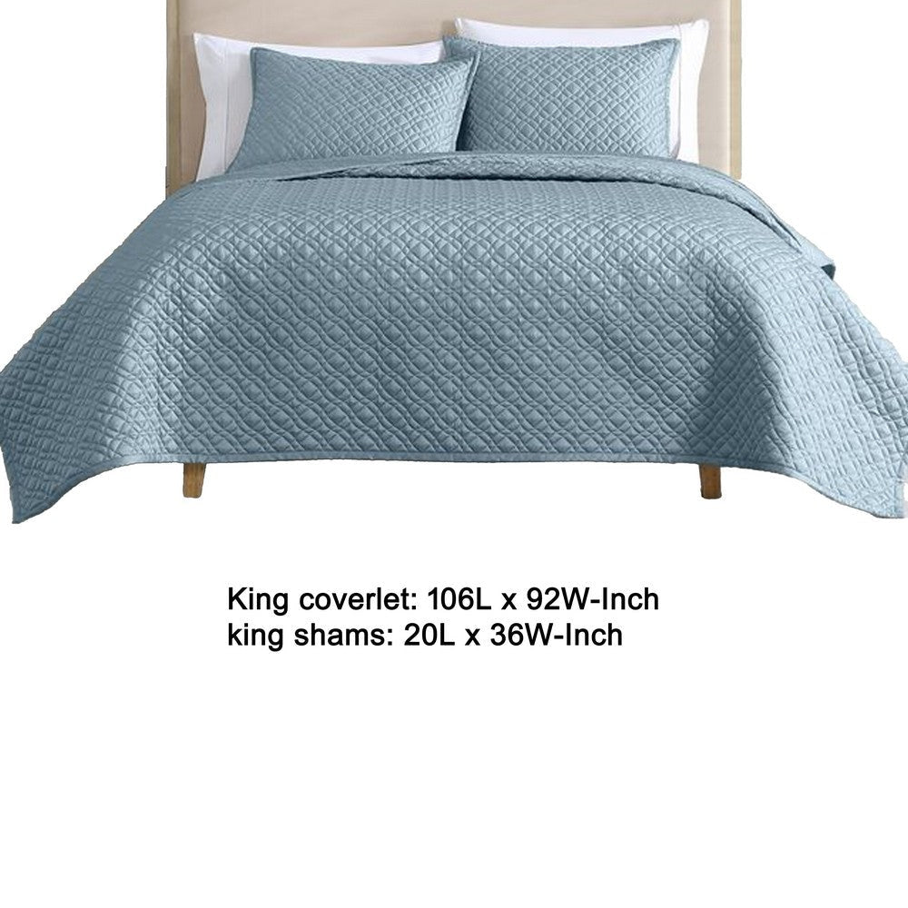 Keo 3pc King Coverlet Set | Reversible | Shams | Sky Blue Silky Fabric