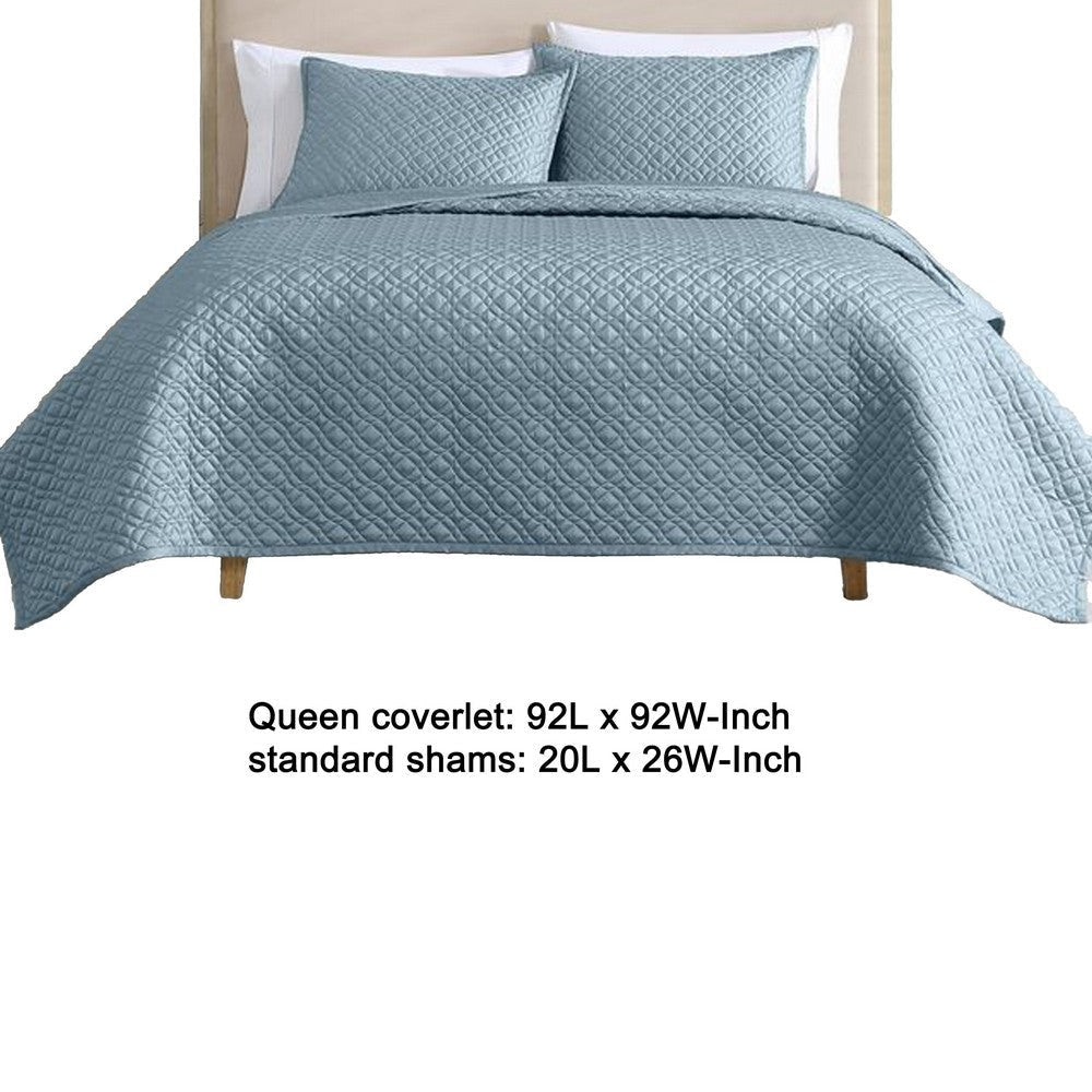 Keo 3pc Queen Coverlet Set | Reversible | Shams Sky Blue Silky Fabric