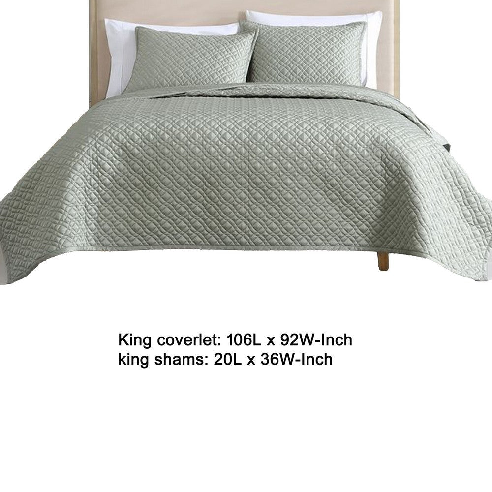 Keo 3pc King Coverlet Set | Reversible | Shams Sage Gray Silky Fabric