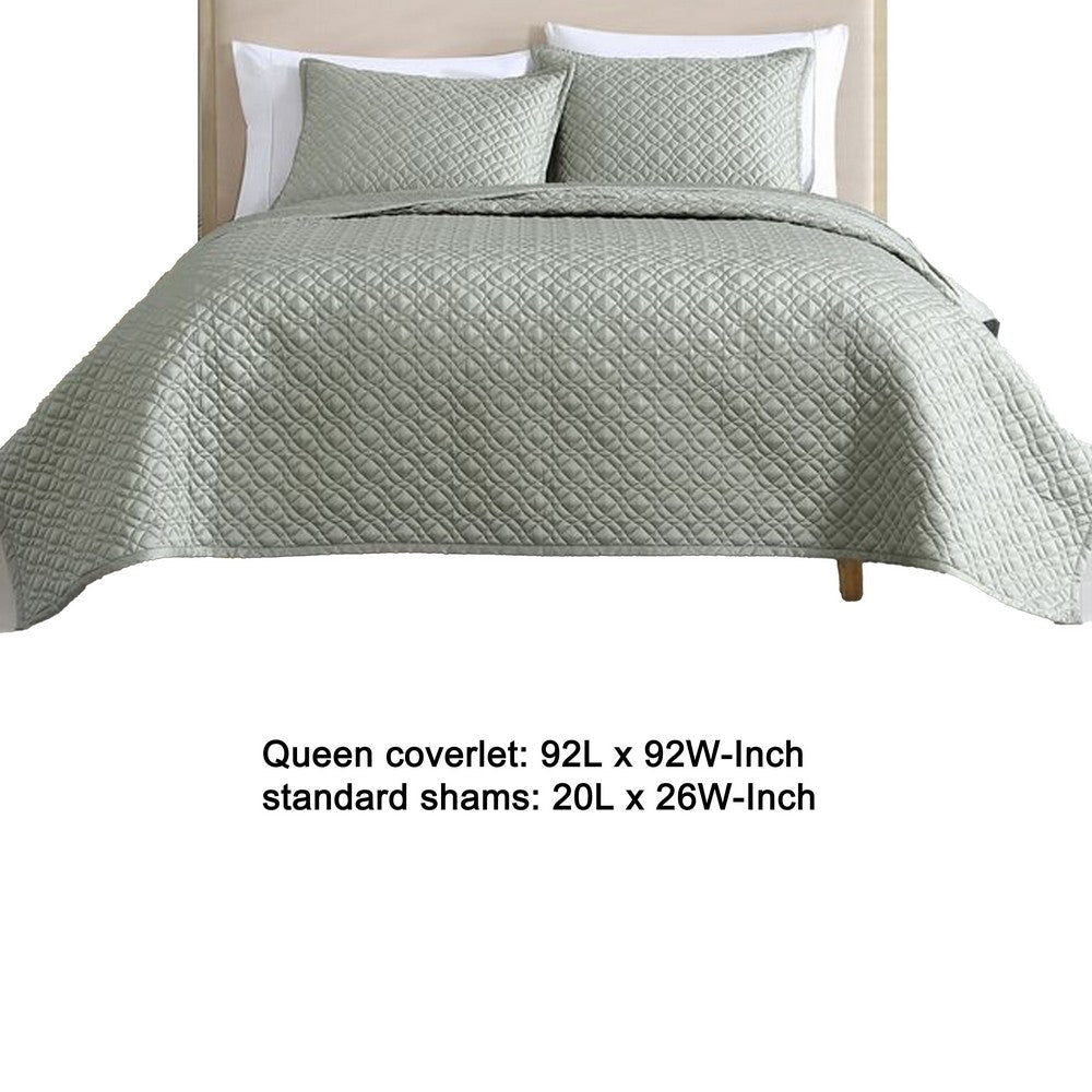 Keo 3pc Queen Coverlet Set | Reversible | Shams Sage Gray Silky Fabric