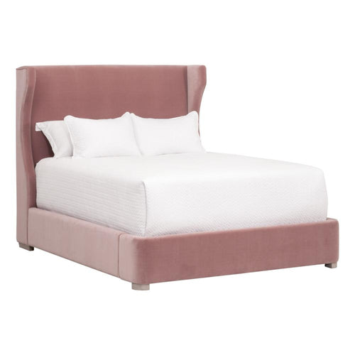 Jack Queen Size Bed, Wingback Headboard, Petal Pink Velvet Upholstery
