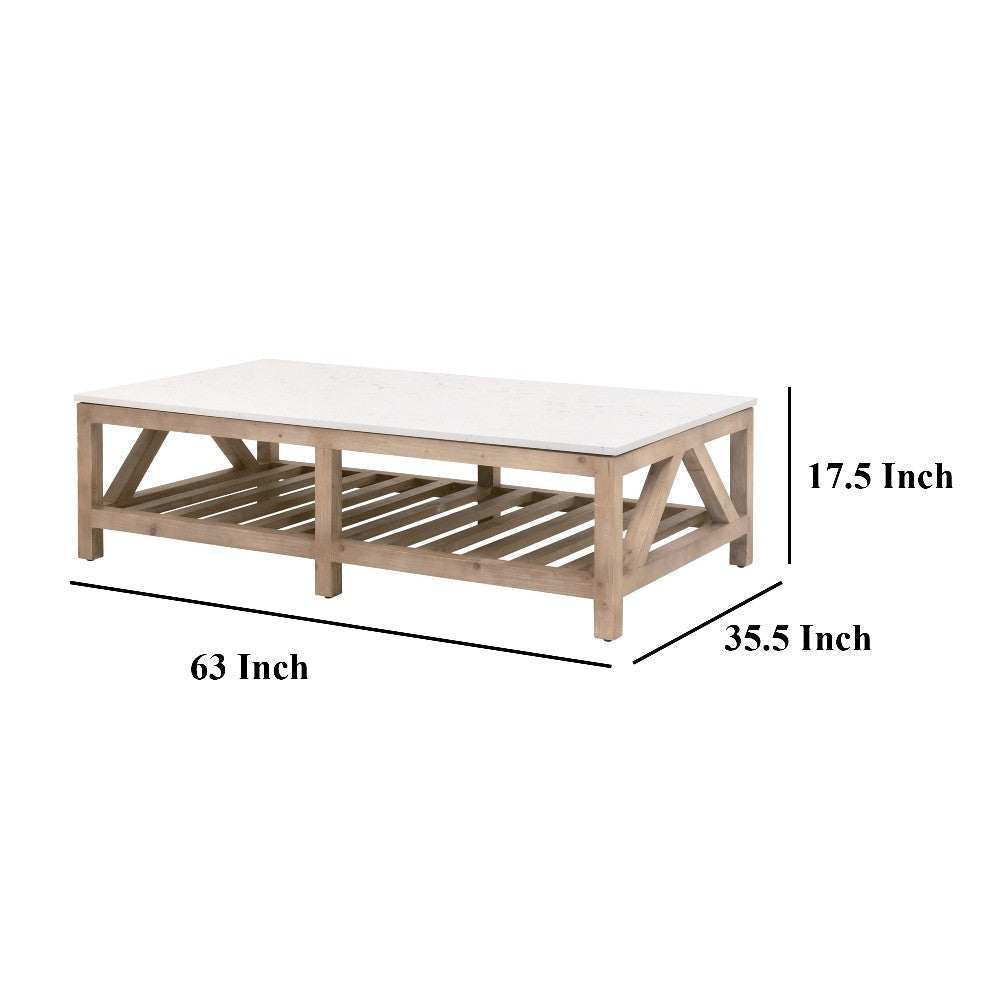 Max Coffee Table 63 Inch White Quartz Rectangular Top Pine Wood Base BM326753