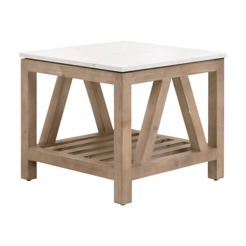 Max Side End Table, 25 Inch White Quartz Square Top, Pine Wood