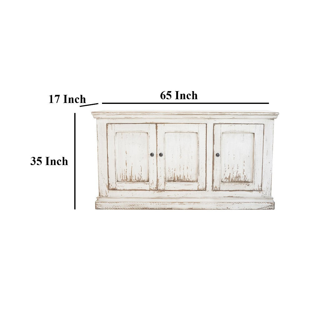 Miy Sideboard Buffet Cabinet 3 Door Antique White Pine Wood 65 Inch BM326795