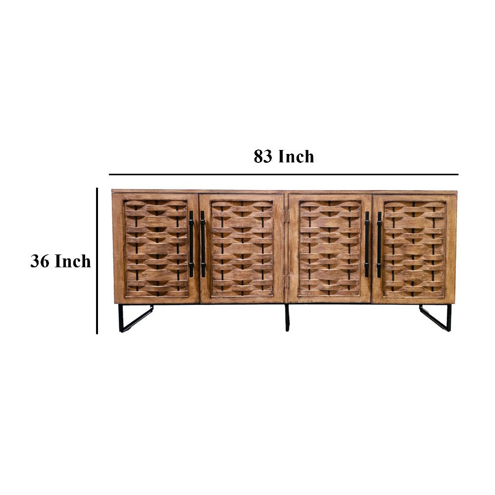 Osin Sideboard Buffet Cabinet 4 Door 83 Inch Antique Brown Pine Wood BM326807