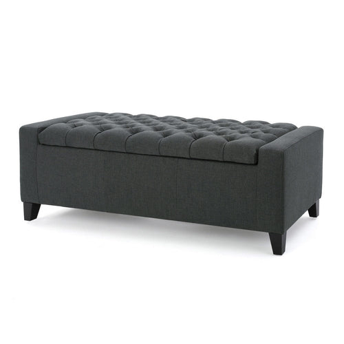 Storage Ottoman Bench, Dark Gray Fabric, Tufted Top, 51 Inch
