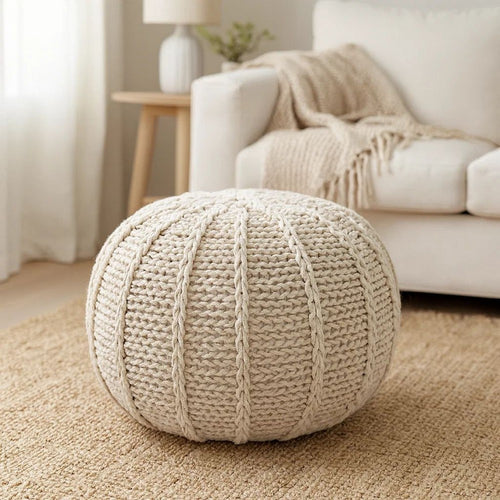 Round Knitted Pouf Ottoman, Handwoven Details, 20 Inch Beige Cotton