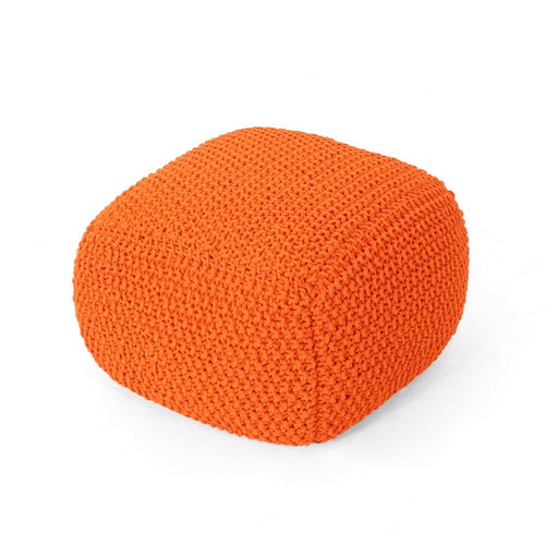 Alen Knitted Pouf with Handwoven Cube Details | 21" Orange Cotton