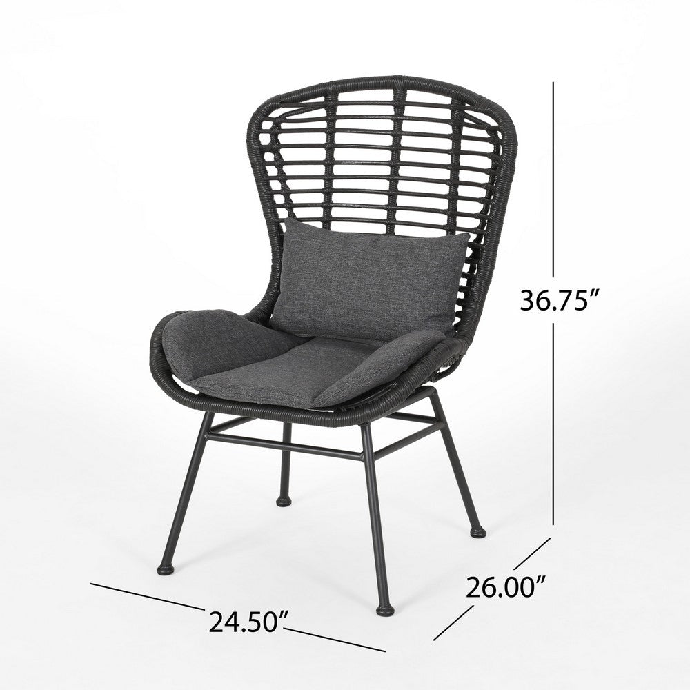 Outdoor Round Accent Chair Set of 2, Gray Faux Rattan, Black Iron