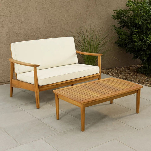 Roxy 2pc Outdoor Loveseat and Coffee Table Set | Acacia Wood | Cream