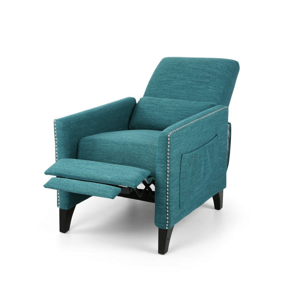Davy Pushback Recliner Chair Nailhead Trim Birch Wood Teal Fabric